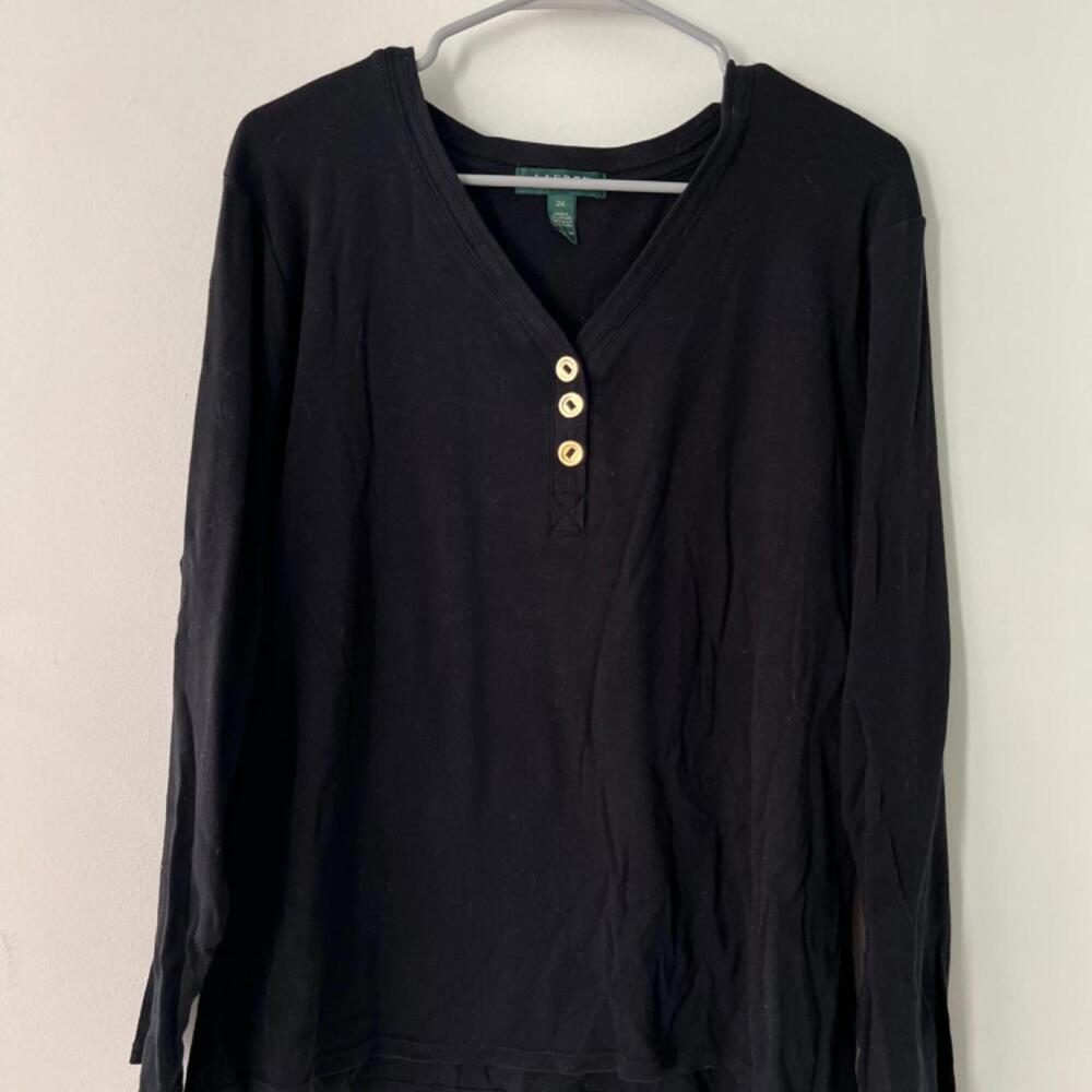 Ralph Lauren Black Long Sleeve V-Neck Shirt – Size 2X | Button Detail